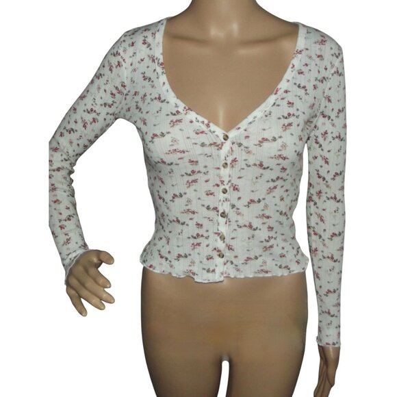 Rue21 Blouse Jr XS White rosebud floral pink ribbed v-neck knit top shirt cotton - Picture 5 of 12